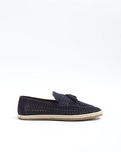 River Island Navy Suede Woven Loafers - Blue
