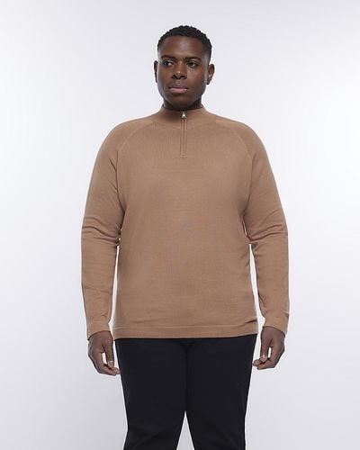 River Island Big & Tall Brown Slim Fit Zip Knitted Sweater - Natural