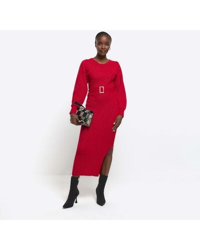 River Island Red Knitted Belted Jumper Midi Dress