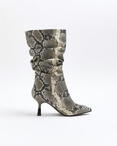 River Island Animal Print Slouch Heeled Boots - Natural
