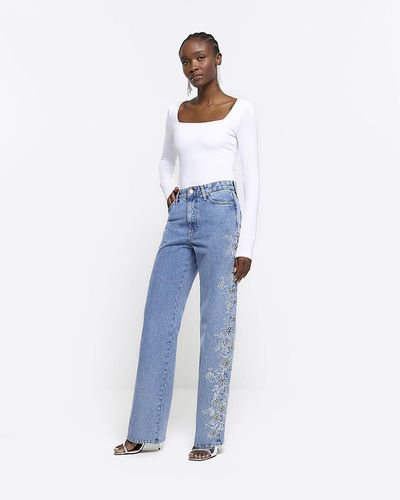 River Island Embroidered Relaxed Straight Jeans - Blue