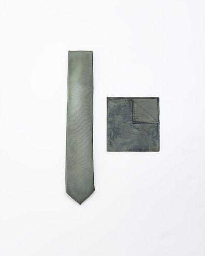 River Island Green Twill Tie And Handkerchief Set - White