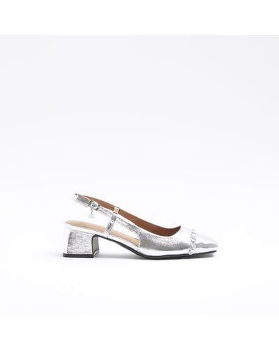 River Island Silver Chain Block Heeled Sling Back Shoes - White