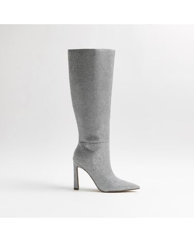 River Island Silver Glitter Knee High Heeled Boots - Grey