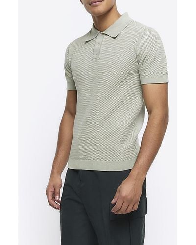 River Island Green Slim Fit Textured Knit Polo - Grey