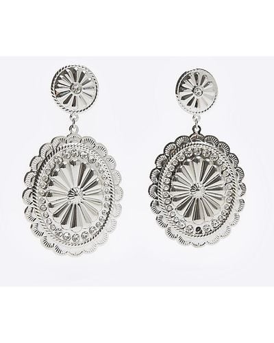 River Island Silver Textured Disc Drop Earrings - White