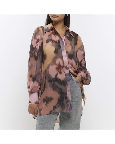 River Island Pink Floral Oversized Long Sleeve Shirt - Brown