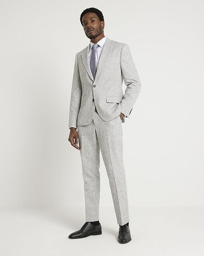 River Island Grey Slim Fit Textured Suit Trousers - White