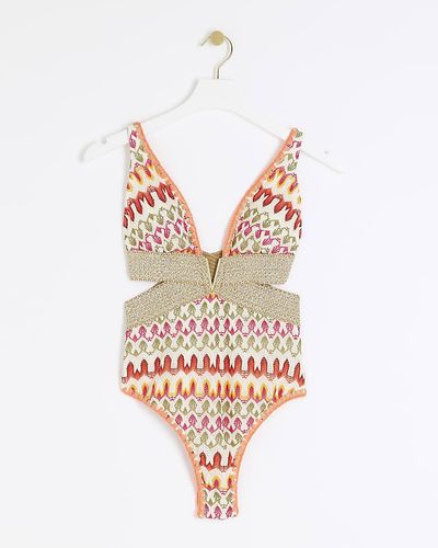 River Island Crochet Plunge Swimsuit - Natural