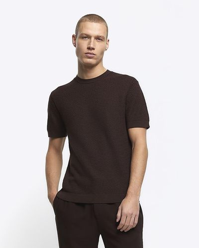 River Island Brown Slim Fit Textured Knitted T-shirt - Black