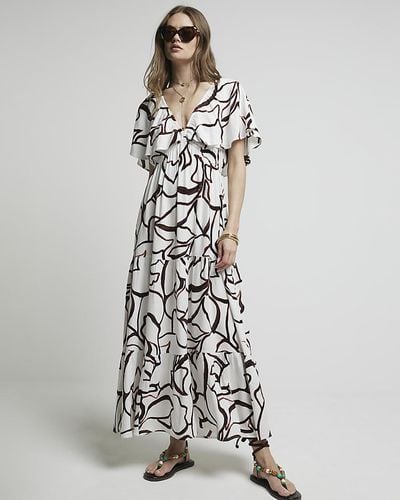 River Island Abstract Frill Sleeve Smock Maxi Dress - White