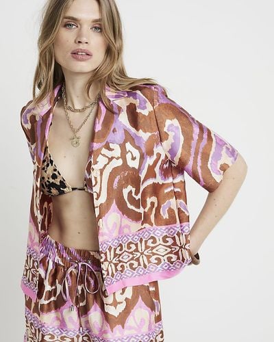 River Island Purple Satin Abstract Shirt - Pink