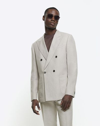 River Island Beige Slim Fit Linen Blend Suit Jacket - Gray
