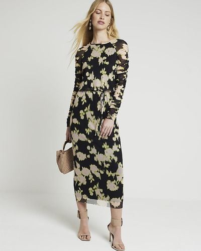 River Island Black Floral Ruched Sleeve Bodycon Midi Dress - White