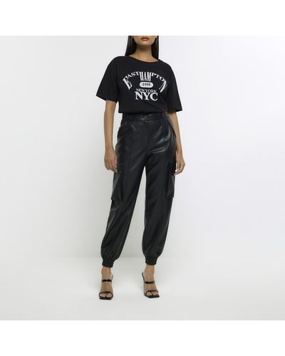 River Island Black Faux Leather Utility Cargo Pants