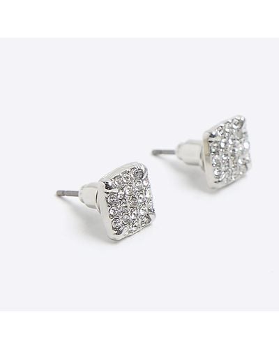 River Island Silver Colour Diamante Stud Earrings - White