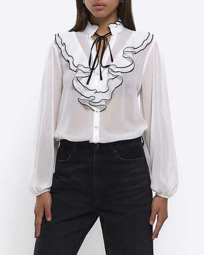 River Island White Chiffon Frill Blouse - Grey