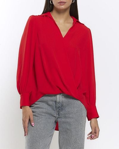 River Island Red Long Sleeve Wrap Blouse