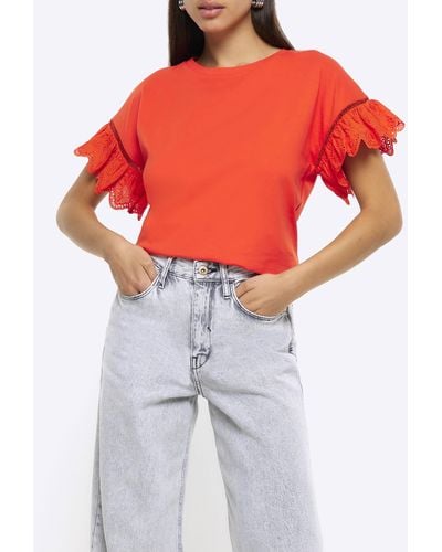 River Island Red Broderie Sleeve T-shirt