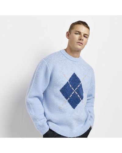 River Island Blue Regular Fit Argyle Knitted Sweater