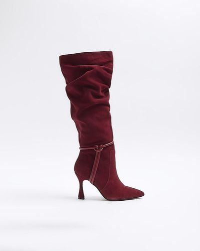 River Island Red Suede Slouch Heeled High Leg Boots