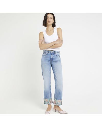 River Island Embroidered Stove Pipe Straight Jeans - Blue