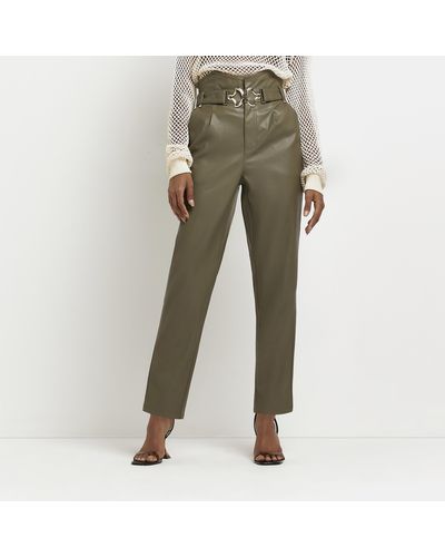 River Island Khaki Belted Paperbag Straight Leg Trousers - Green