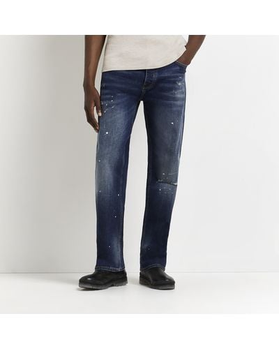 River Island Blue Loose Fit Ripped Paint Design Jeans