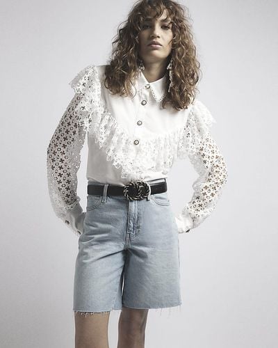 River Island Frill Cut Out Sleeve Shirt - White