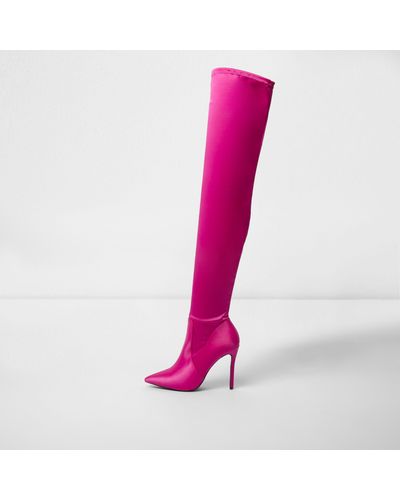 River Island Pink Satin Over The Knee Boots