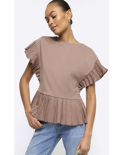 River Island Brown Plisse Trim Frill T-shirt - Grey