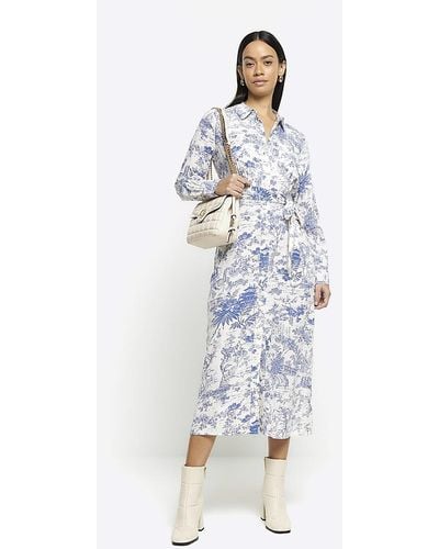 River Island Blue Floral Belted Midi Shirt Dress - White