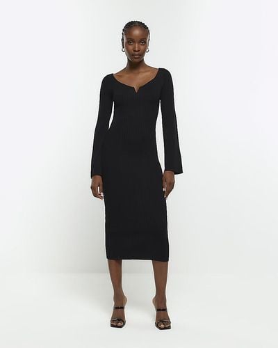 River Island Rib Long Sleeve Bodycon Midi Dress - Black