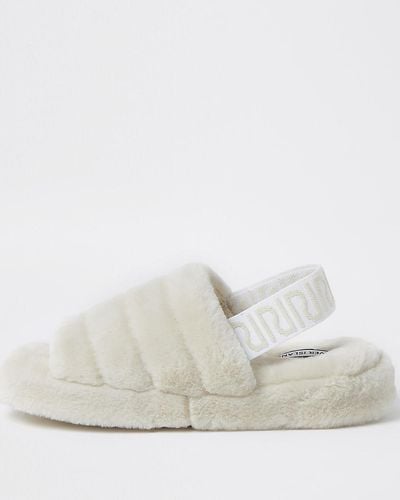 River Island Cream Ri Branded Faux Fur Slippers - White