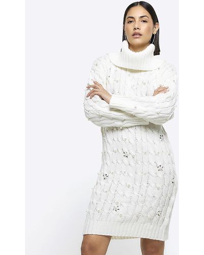 River Island Cable Knit Mini Dress With Pearl Embellishment in White | Lyst  UK