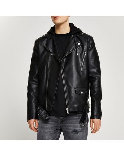 River Island Hooded Faux Leather Biker Jacket - Black