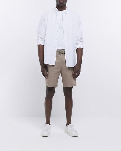 River Island Beige Regular Fit Belted Chino Shorts - White