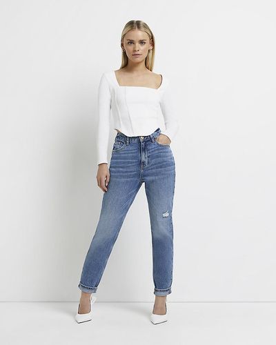 River Island Petite Blue High Waisted Ripped Mom Jeans