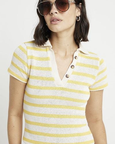 River Island Crochet Stripe Polo T-shirt - Yellow
