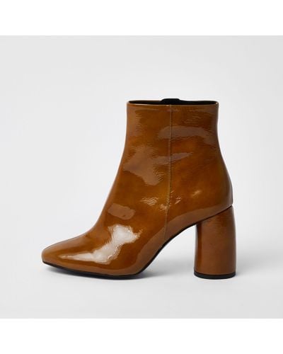 River Island Brown Shiny Leather Bubble Heel Ankle Boots