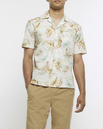 River Island Ecru Regular Fit Floral Printed Revere Shirt - Natural