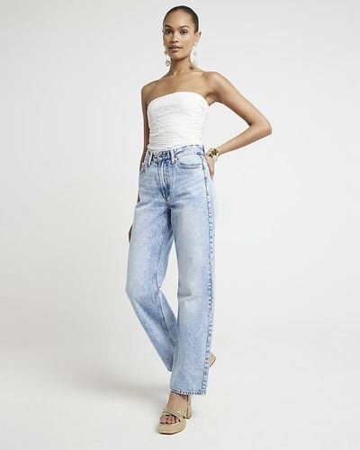 River Island Cream Textured Ruched Tube Top - Blue