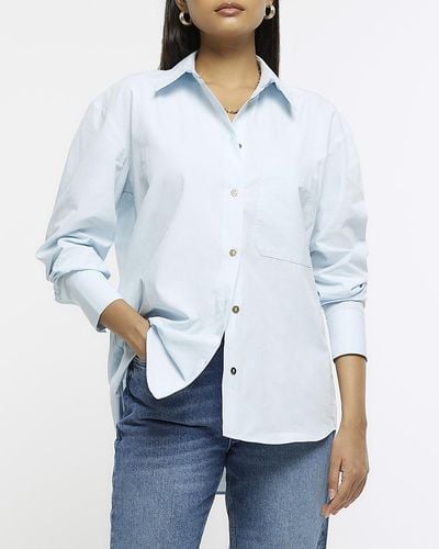 River Island Blue Poplin Long Sleeve Shirt - White