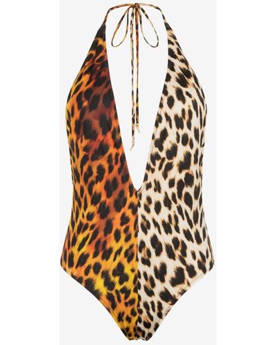 Roberto Cavalli Jaguar And Leopard-print Halterneck Swimsuit - White