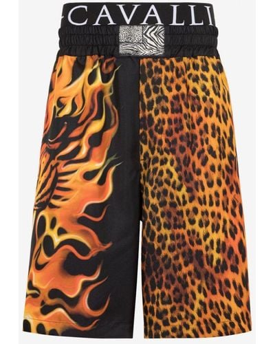 Roberto Cavalli Flame Lion-print Silk Shorts - Orange