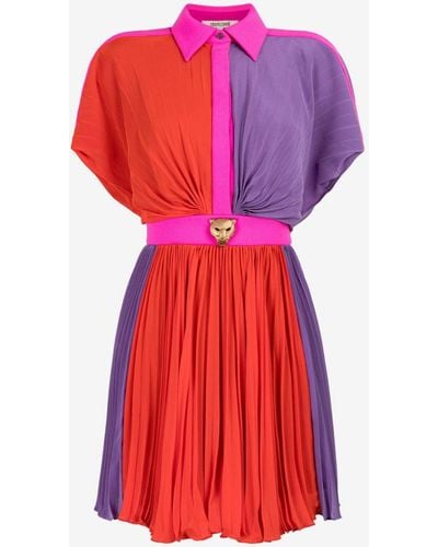 Roberto Cavalli Colourblock Pleated Silk Mini Dress - Red