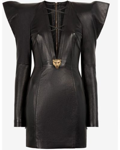 Roberto Cavalli Panther Head Leather Mini Dress - Black