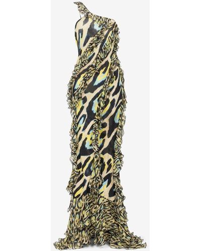 Roberto Cavalli Animal-print One-shoulder Ruffled Dress - Metallic