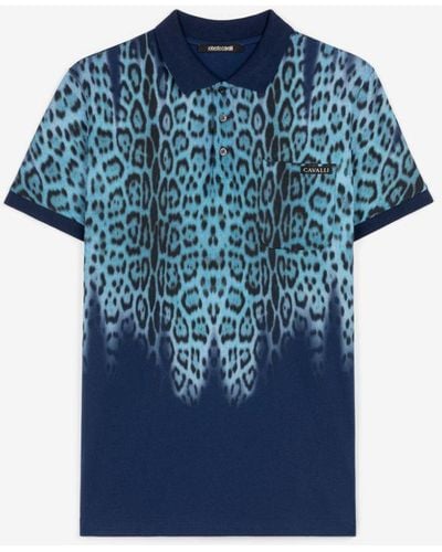 Roberto Cavalli Leopard-print Cotton Polo Shirt - Blue