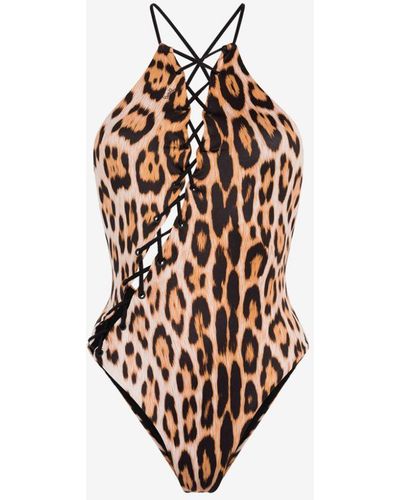 Roberto Cavalli Badeanzug mit leoparden-print und schnürung - Weiß